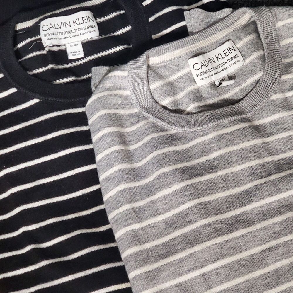 Calvin Klein Striped Supima Cotton Sweater Mens Small Black Gray Lot Of 2 Preppy